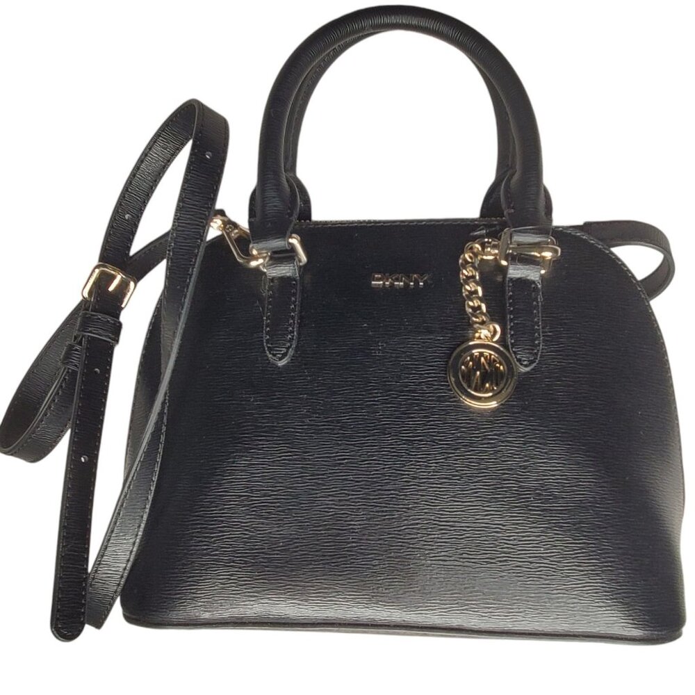 DKNY Bryant Convertible Strap Zip Dome Satchel Handbag Black Gold